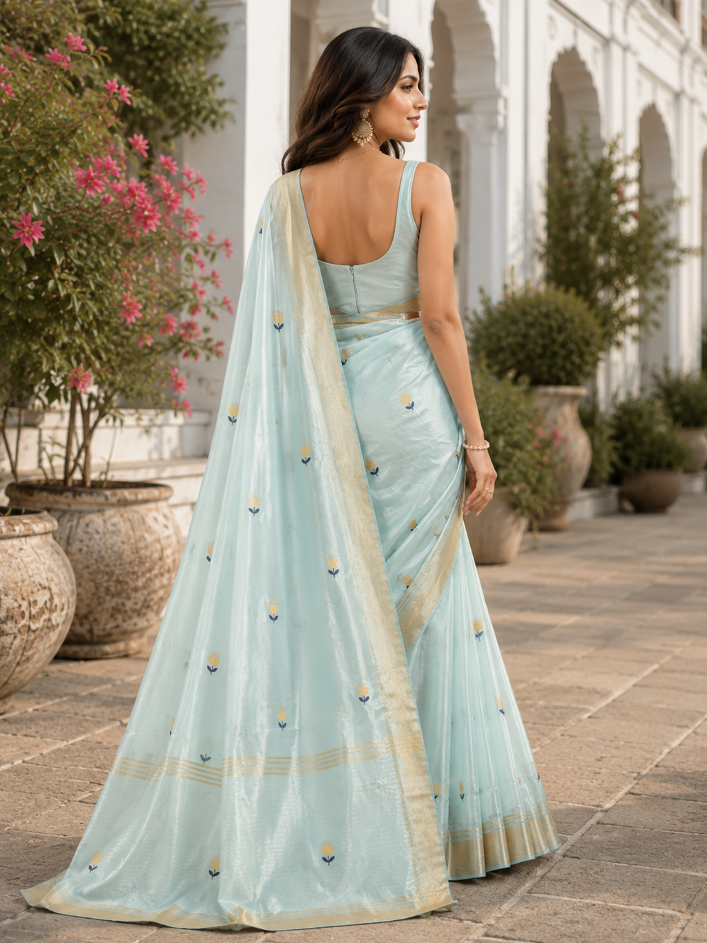 Sridha Silk Sky Blue Chanderi Zari Border saree