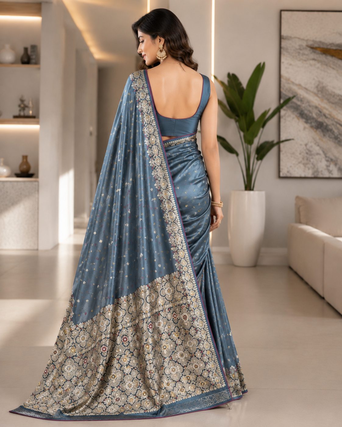 Bluish Grey Motif-Woven Pure Silk Saree