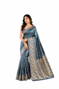 Bluish Grey Motif-Woven Pure Silk Saree