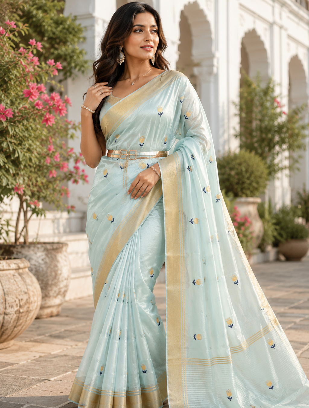 Sridha Silk Sky Blue Chanderi Zari Border saree