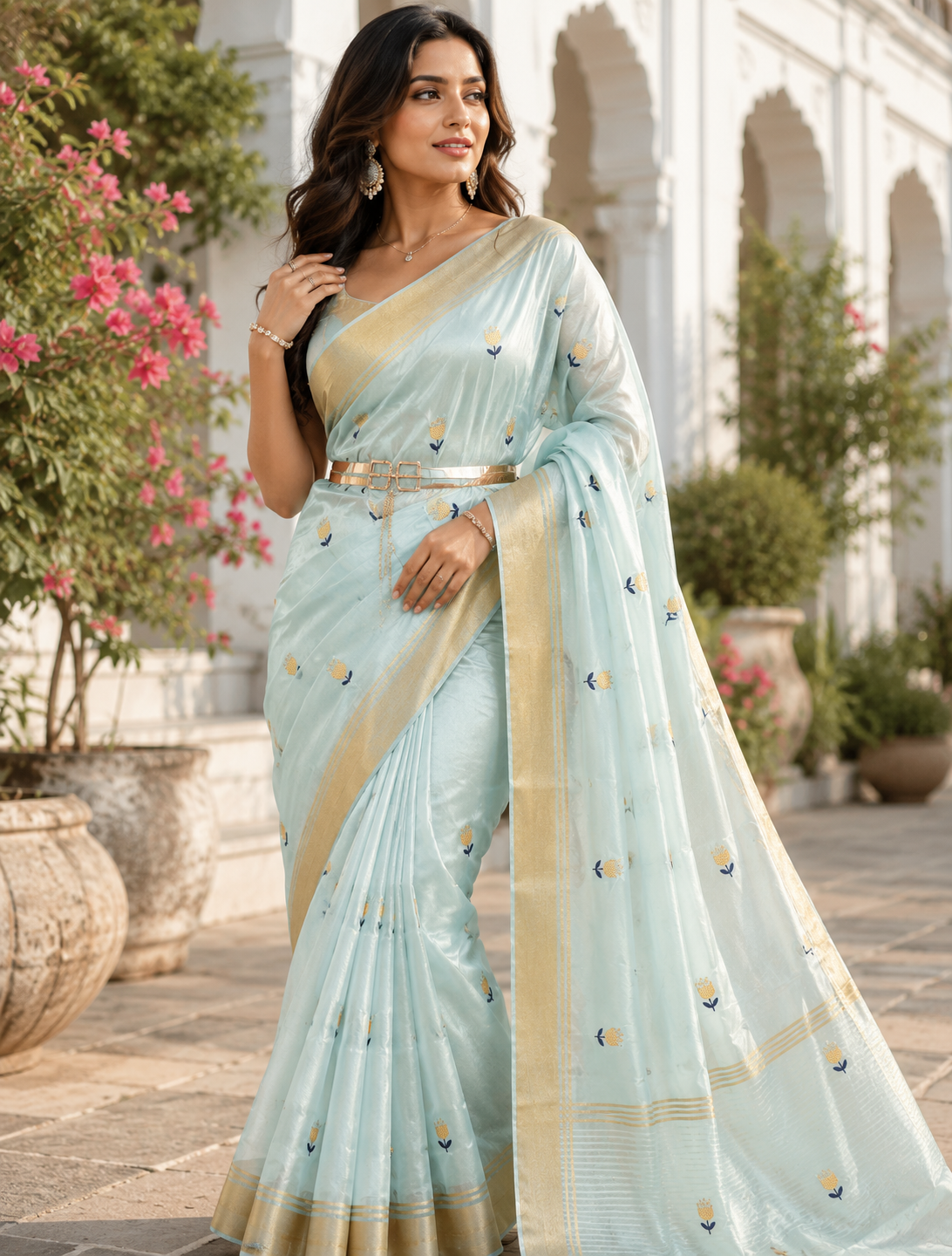 Sridha Silk Sky Blue Chanderi Zari Border saree