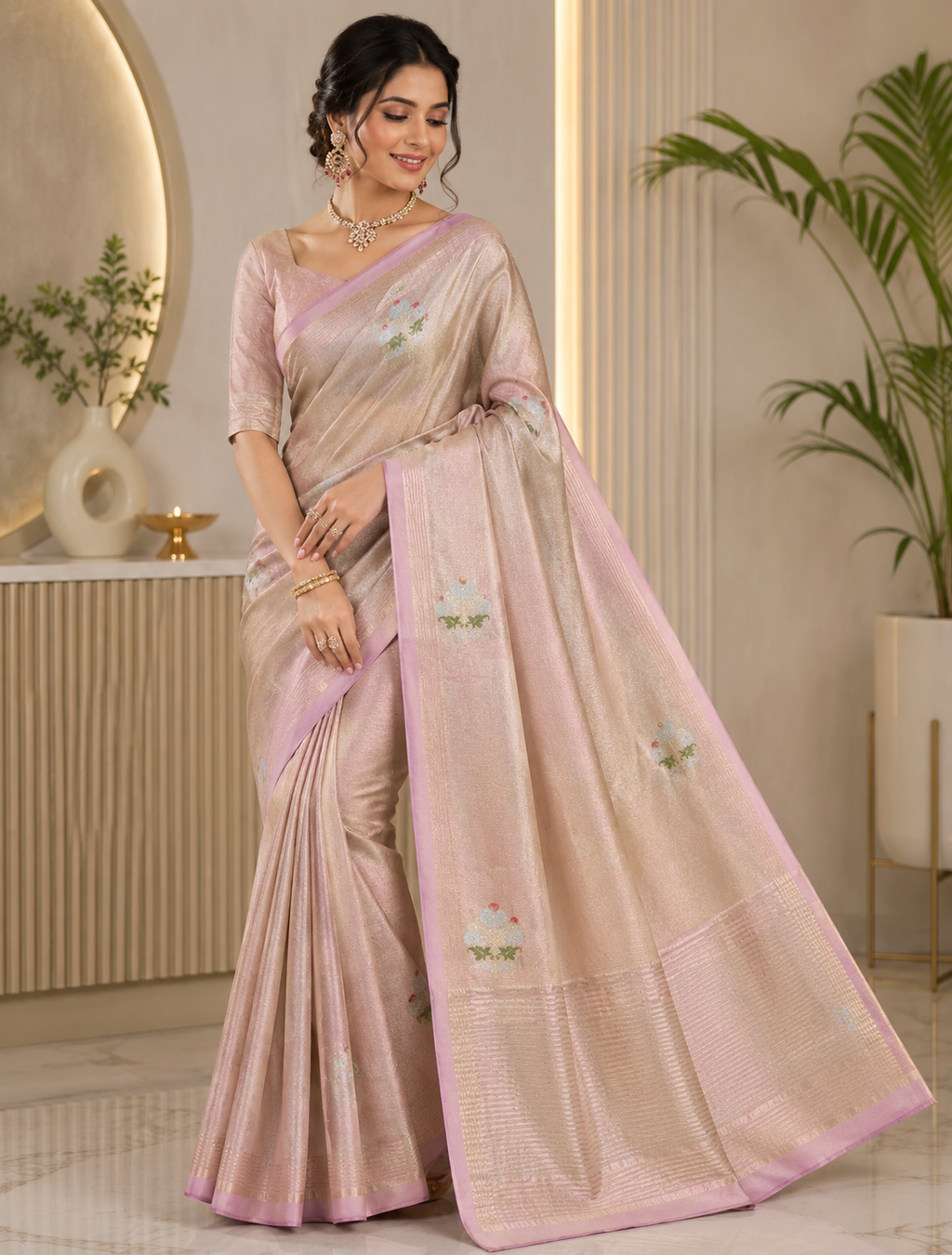 Sridha Silk Pink Gold Tissue Organza saree