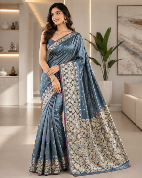 Bluish Grey Motif-Woven Pure Silk Saree