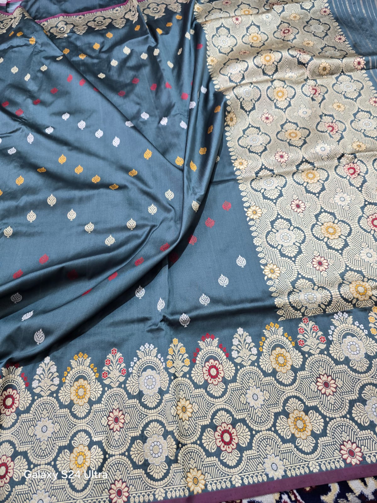 Bluish Grey Motif-Woven Pure Silk Saree